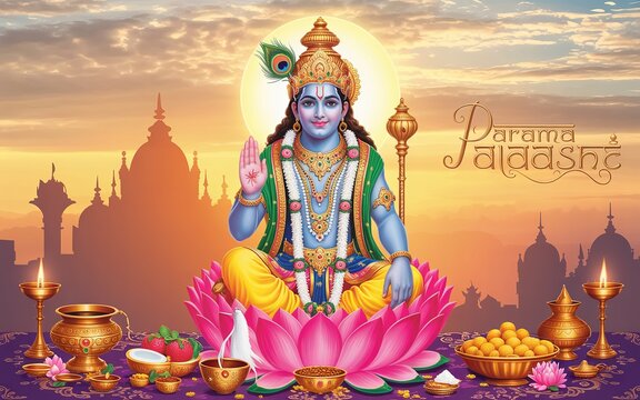 Traditional Parma Ekadashi scene with lamps offerings and spirituality.