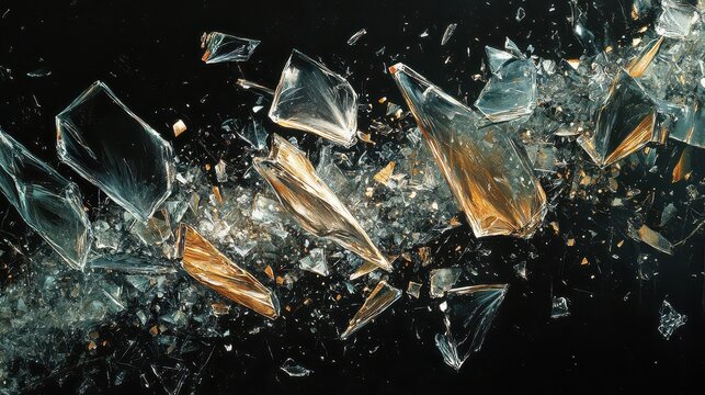 Close-up of shattered glass fragments with golden light reflections on a dark background