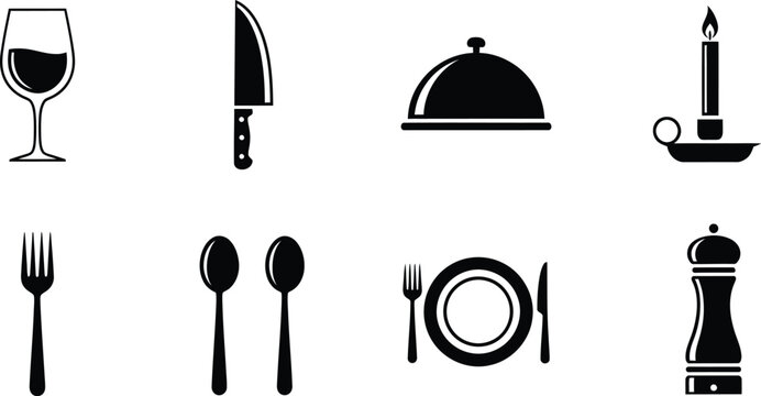 Restaurant table setting icons with wine glass cutlery and dishware