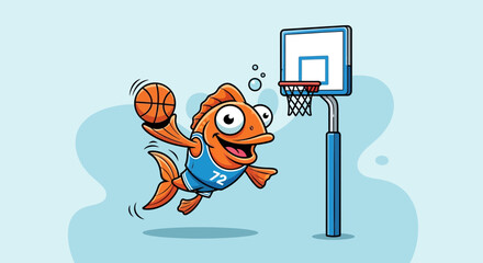Cartoon Goldfish Basketball Player Making a Slam Dunk © Laris