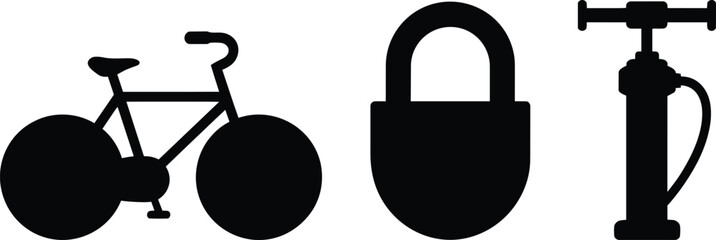 Bicycle, padlock and air pump icons set for cycling safety and maintenance, minimalist flat design elements for transport and security themes and tire © Bakalia