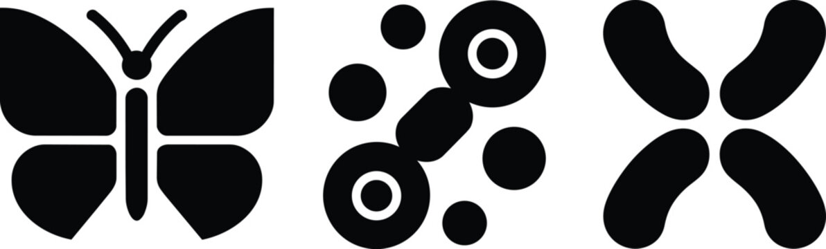 Black icons set including a butterfly, cell structures and chromosomes and digital art, and white, and minimalist in outline style