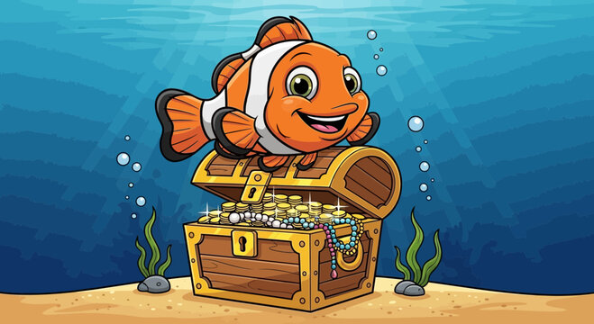 clownfish swimming near treasure chest underwater
