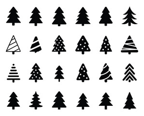 Obraz premium Collection of Christmas Trees. A curated assortment of stylized Christmas tree icons in various shapes, sizes, and patterns, presented as a versatile graphic resource for festive designs.