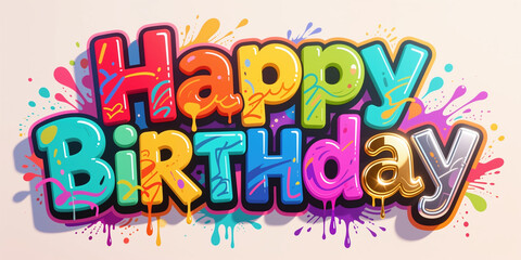 Naklejka premium Vibrant graffiti-style illustration for a birthday, featuring colorful, dripping letters on a beige background with paint splatters, creating a lively and festive atmosphere.
