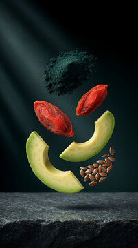 Flying Superfood Ingredients with Avocado Goji Berries and Spirulina Powder