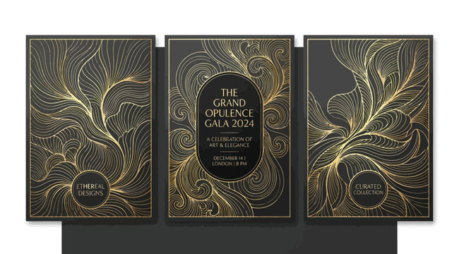 Luxury triptych poster set for the grand opulence gala 2024, elegant gold line art