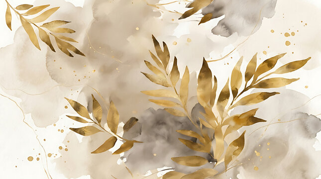 Golden leaves with watercolor splashes during soft ambient lighting evoking elegant natural beauty and growth