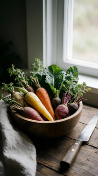 Fresh Organic Root Vegetables in Rustic Bowl by Window Farm to Table Concept