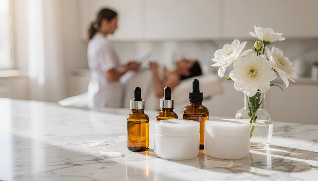 Cosmetic serum bottles and cream jars on marble table with blurred beautician treating patient background