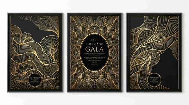 Elegant triptych poster set for the grand gala, gold intricate line art