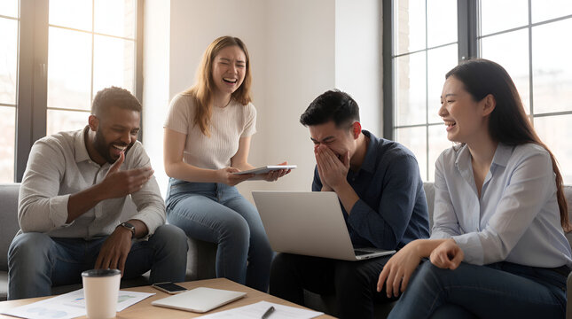 Diverse group of young cheerful colleagues laughing together during informal office meeting with laptop
