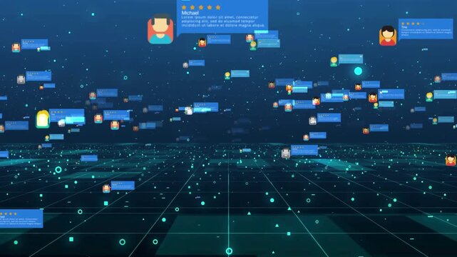 3D animation of social media profile icons and user review chat bubbles floating over a digital grid