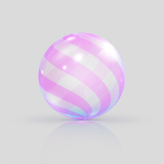 Obraz premium Realistic 3D glass ball with pink striped pattern and glares, vector volume transparent crystal sphere with reflection