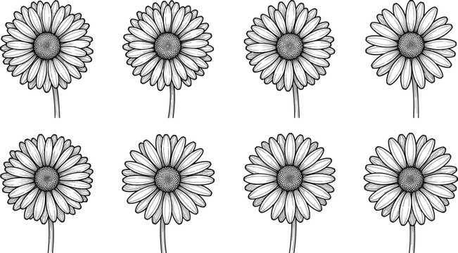 Daisy flower sketch vector set featuring blooming chamomile heads gerbera outlines and botanical garden line art hand drawn illustrations