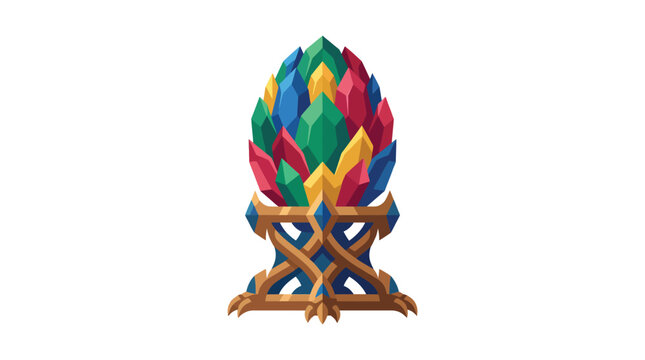Fantasy crystal gemstone dragon egg resting on an ornate decorative golden pedestal isolated on a plain white background