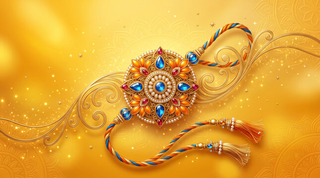 Elegant Raksha Bandhan rakhi with colorful gemstone ornament for festive greetings and sibling celebration