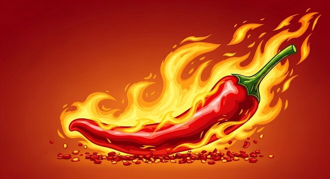 Fresh red chili pepper burning in bright orange flames illustration
