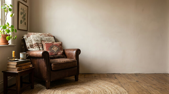 Vintage leather armchair in a cozy reading corner with books