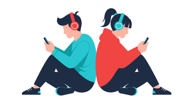 Gen Z Teenagers Using Smartphones and Headphones Sitting Back to Back Vector Illustration