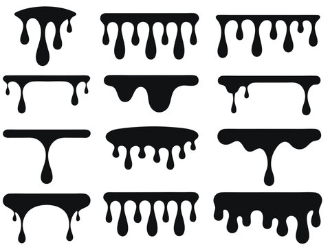Collection of black dripping liquid shapes and on white background, paint