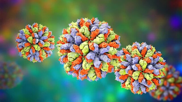 Rabbit haemorrhagic fever virus particles, ai-assisted 3D animation showing slowly rotating non-enveloped calicivirus virions, illustrating highly contagious viral disease in rabbits.