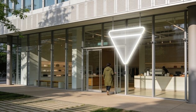 Modern minimalist storefront with glowing inverted triangle sign. Person entering a contemporary coffee shop or boutique. Urban retail architecture