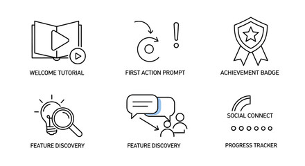 Fototapeta premium Set of 6 outline icons: tutorial, prompt, badge, discovery, connect, progress tracker