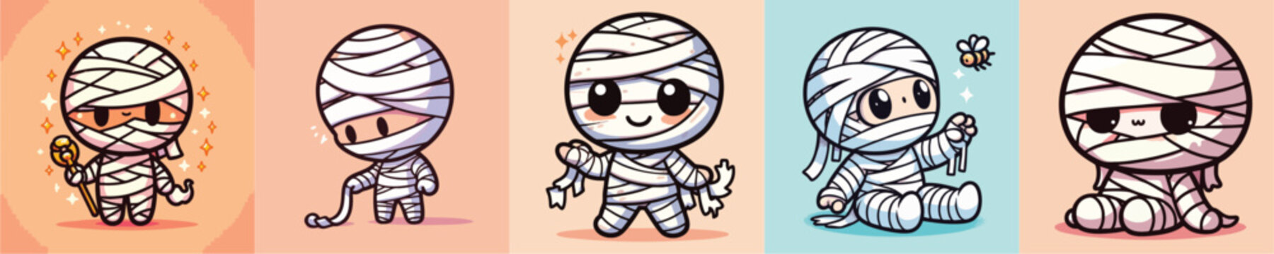 Five cute cartoon mummy characters in different poses.