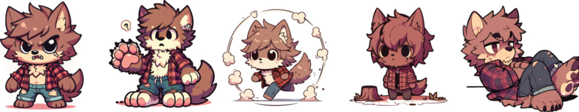 Five different cartoon illustrations of a reddish brown anthropomorphic wolf character.