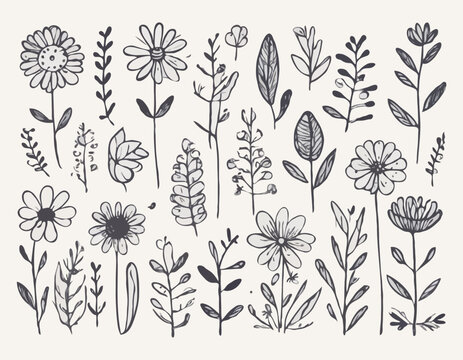 Doodle ink floral sketch set, vector flower brushstroke collection, hand drawn organic icon kit. Abstract naive botanical outline modern spring decoration design element. Doodle floral texture clipart