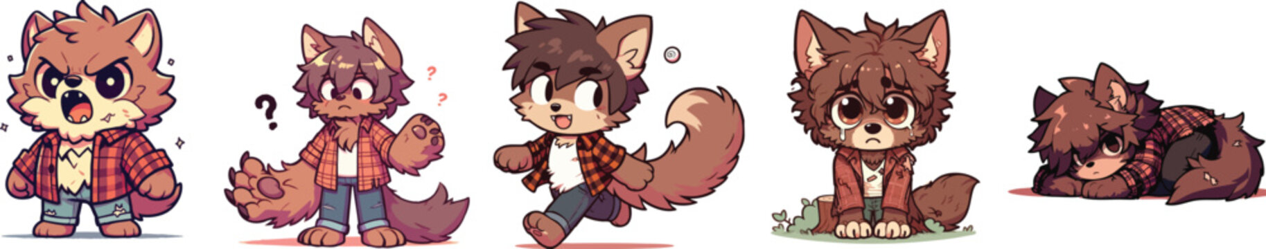 Set of five cute chibi fox character illustrations in different poses.
