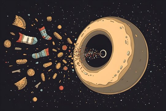 Donut planet black hole sucking random objects space cartoon