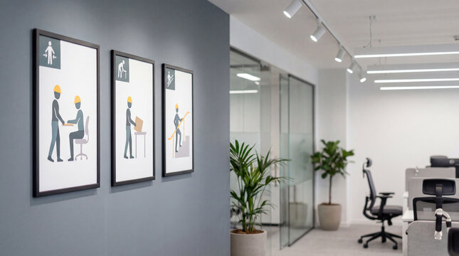 Framed workplace safety and ergonomics posters on a gray office wall. Modern corporate interior with health and safety signage. Occupational wellness and corporate social responsibility concept