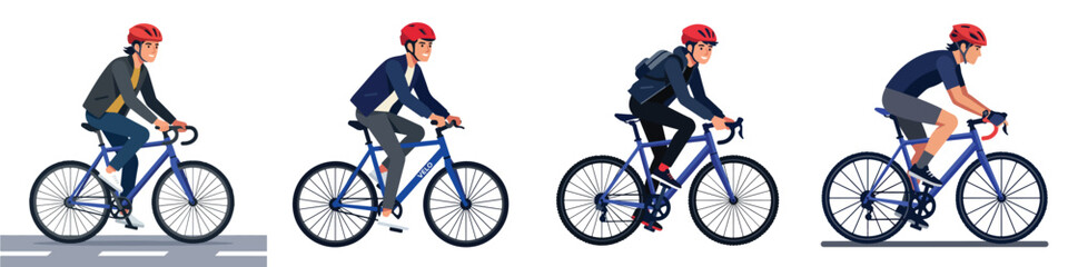 Naklejka premium Set of illustrations depicting cyclists in motion, showcasing different cycling styles and attire for various activities