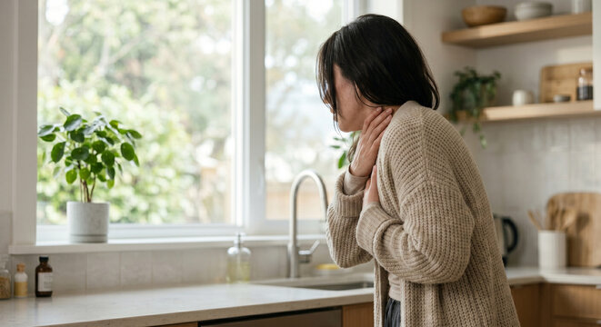 Faceless woman choking holding throat in modern bright kitchen