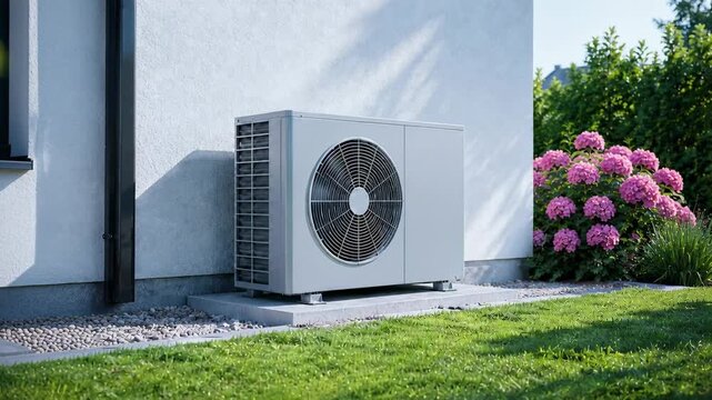 An outdoor heat pump, located on the green lawn next to the building, provides heating and cooling for living spaces.