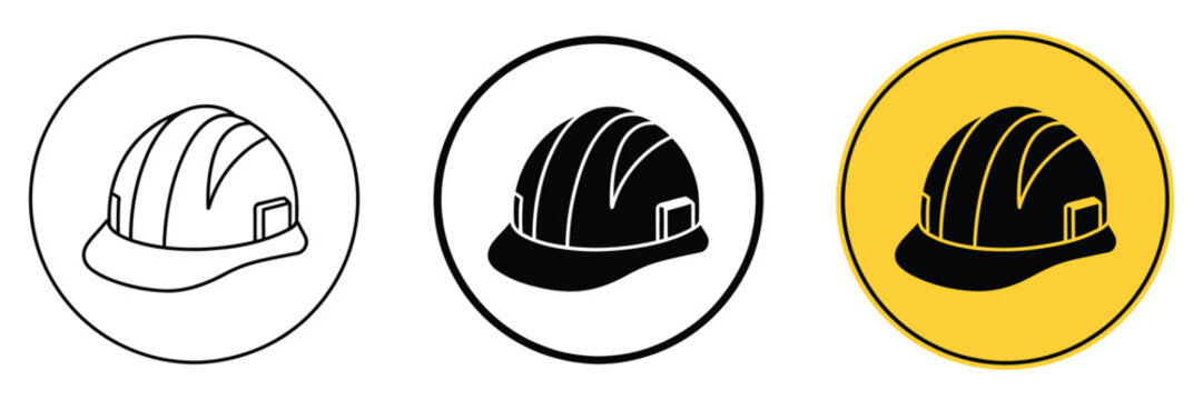 Safety helmet icon set showcasing industrial hard hat badges and head protection symbols for workplace compliance, safety programs, and hazard prevention. Vector illustration.