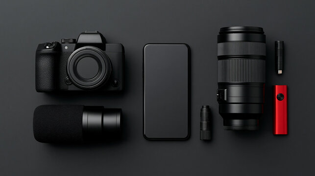 Flat lay composition with a camera and video production equipment on a black background, banner design concept, with copy space