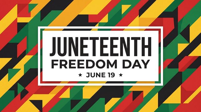 Juneteenth Freedom Day banner with geometric Pan-African colors, June 19 celebration graphic, abstract red yellow green and black background for African American history