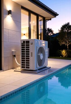 The outdoor unit of a heat pump or air conditioner near a modern home's pool in the evening. Cooling living spaces, energy-efficient climate control solution for a private home.