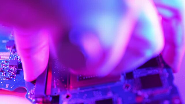 Technician repairs computer hardware technology concept. Defense against phishing malware and ransomware on hardware level. Patching and monitoring, stop threats, reduce damage, digital defense.