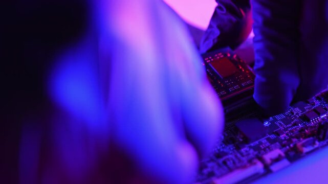 Technician repairs computer hardware technology concept. Defense against phishing malware and ransomware on hardware level. Patching and monitoring, stop threats, reduce damage, digital defense.