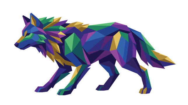 Geometric crystal wolf illustration featuring vibrant multicolored low poly patterns isolated on a clean white background