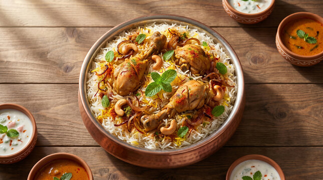 Top view of authentic Hyderabadi chicken biryani with fluffy basmati rice, tender meat, and fresh garnishes. Appetizing Indian cuisine perfect for restaurant menus.