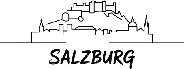 Obraz premium Salzburg skyline illustration with city landmarks in a clean line art style, urban landscape vector and tourism symbol