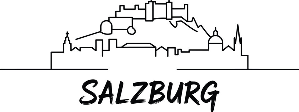 Salzburg skyline illustration with city landmarks in a clean line art style, urban landscape vector and tourism symbol