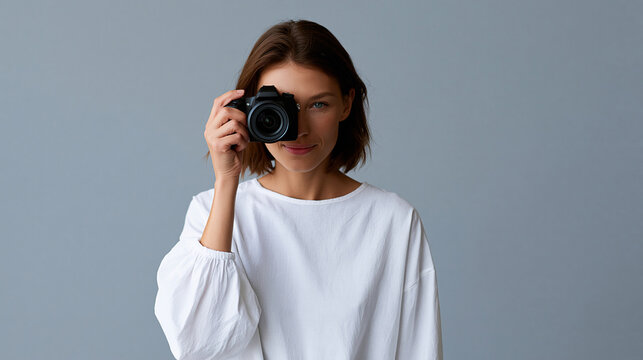 Portrait of a photographer covering her face with her camera, creative self-expression concept, with copy space