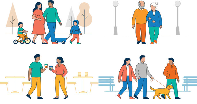 People outdoor activities vector character set featuring pregnant family senior couple dog walking and street cafe coffee drinkers