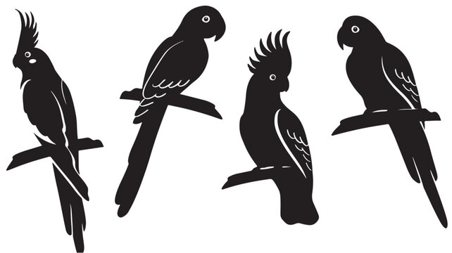 Black Silhouette Parrot Birds Perched On Branches For Wildlife And Nature Concepts